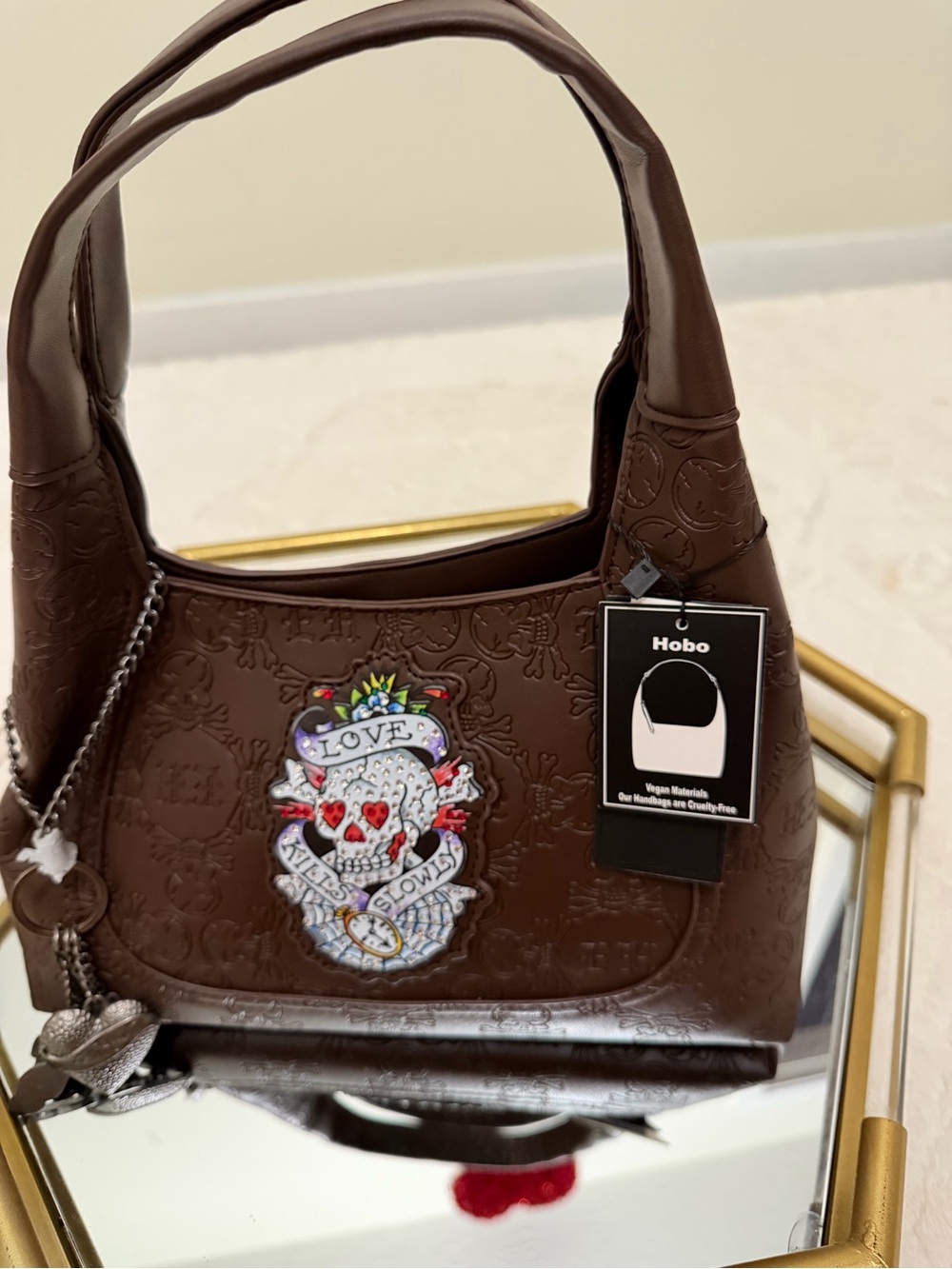 Ed Hardy Brown Embossed Hobo Bag with Colorful Skull Patch